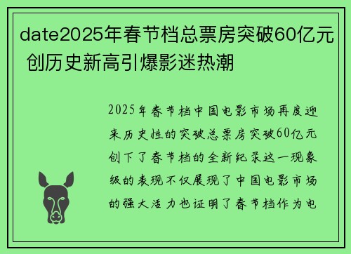 date2025年春节档总票房突破60亿元 创历史新高引爆影迷热潮