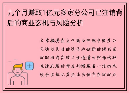 九个月赚取1亿元多家分公司已注销背后的商业玄机与风险分析